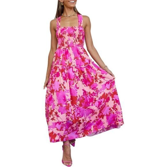 2023 Summer Maxi Dress: Halter Neck, Backless, Ruffle, Smocked Casual Long Flowy - Picture 1 of 5